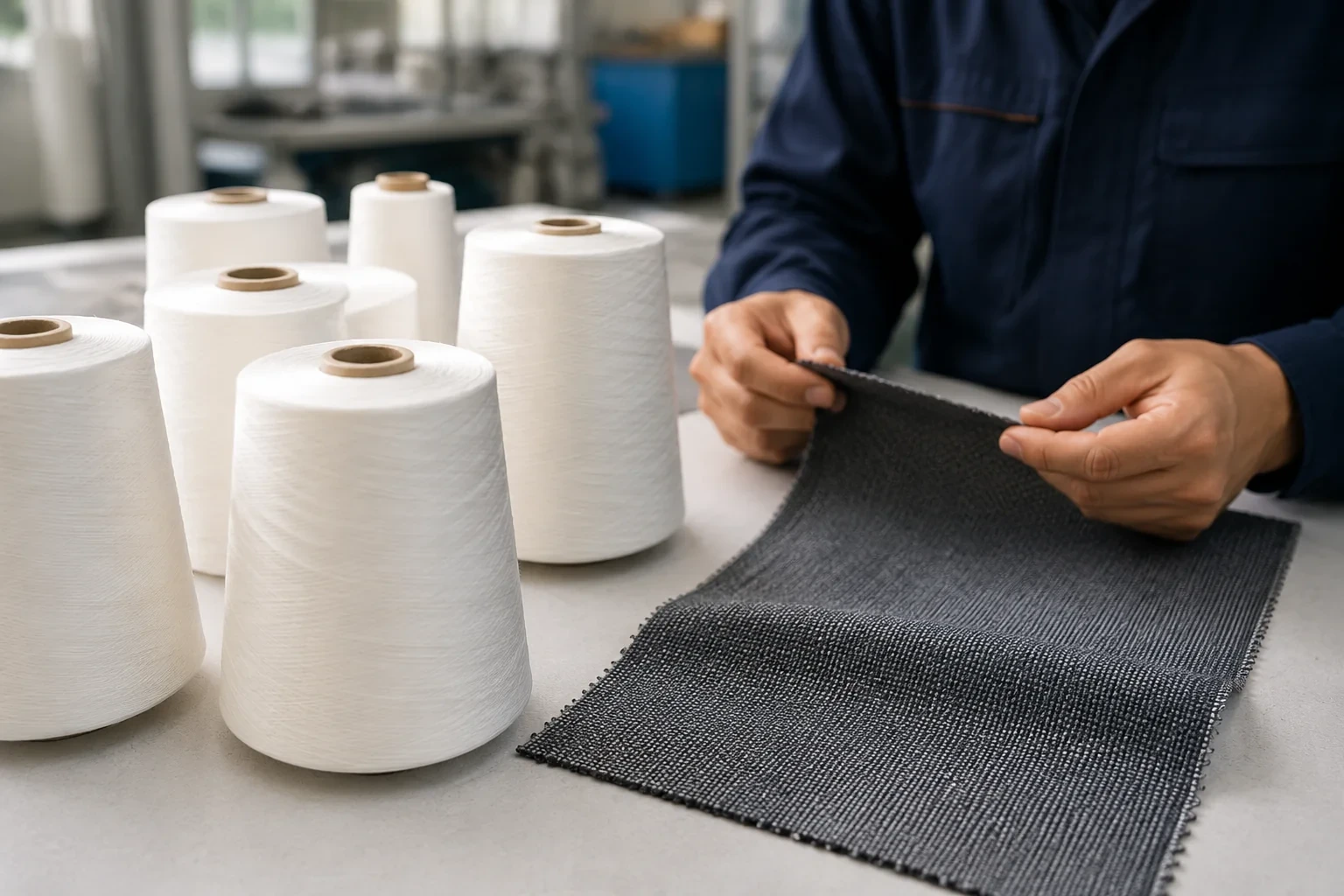 産業用ファブリックのサンプル試験用に準備されたポリエステル紡績糸のコーン